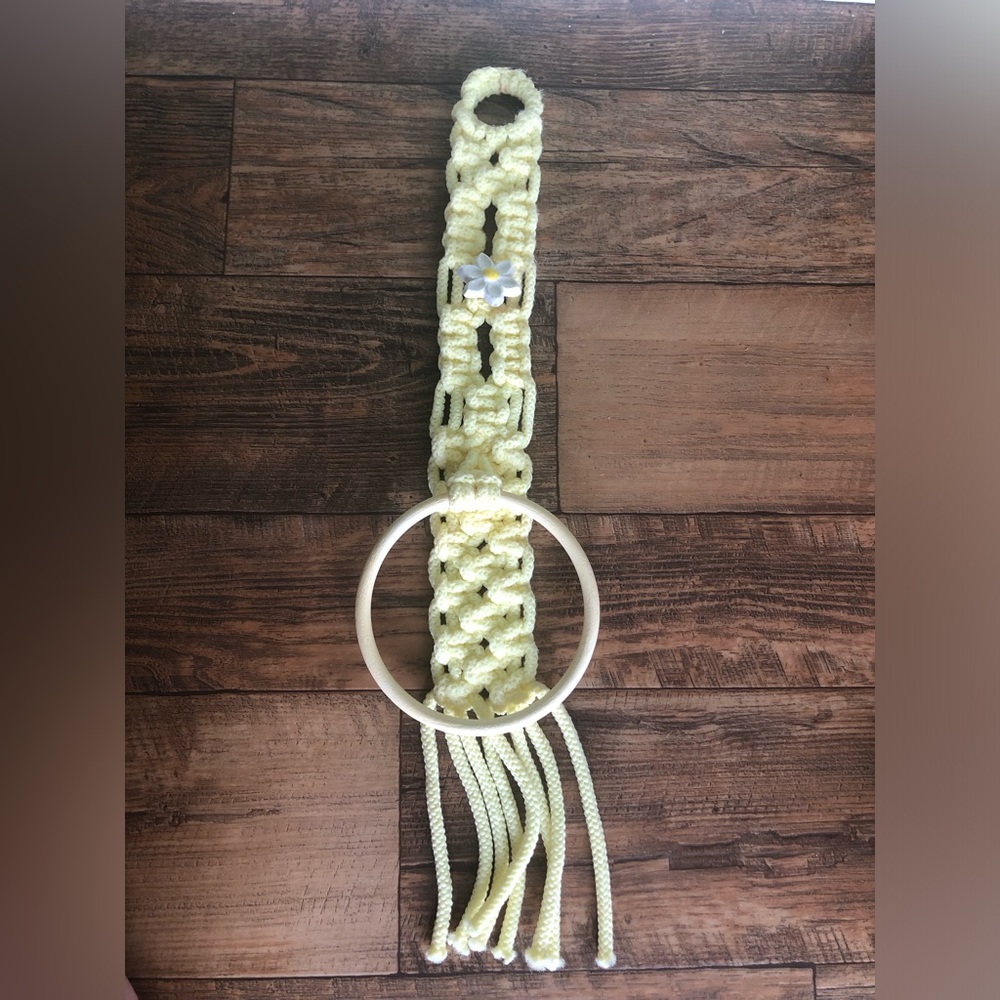Macrame Towel Holder Yellow Vintage With Ceramic Flower Daisy, Cottage Boho Tiki